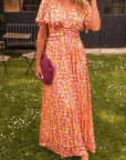 Maxikjole med Blomsterprint | Draperet Talje | Elegant og Sommerlig Orange / S Beklædning og tilbehør > Tøj > Kjoler