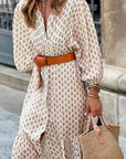 Boheme Midi Kjole med Mønster | Let Viskose | Stilfuldt Hverdagslook Khaki / S Tøj og tilbehør > Beklædning > Kjoler >