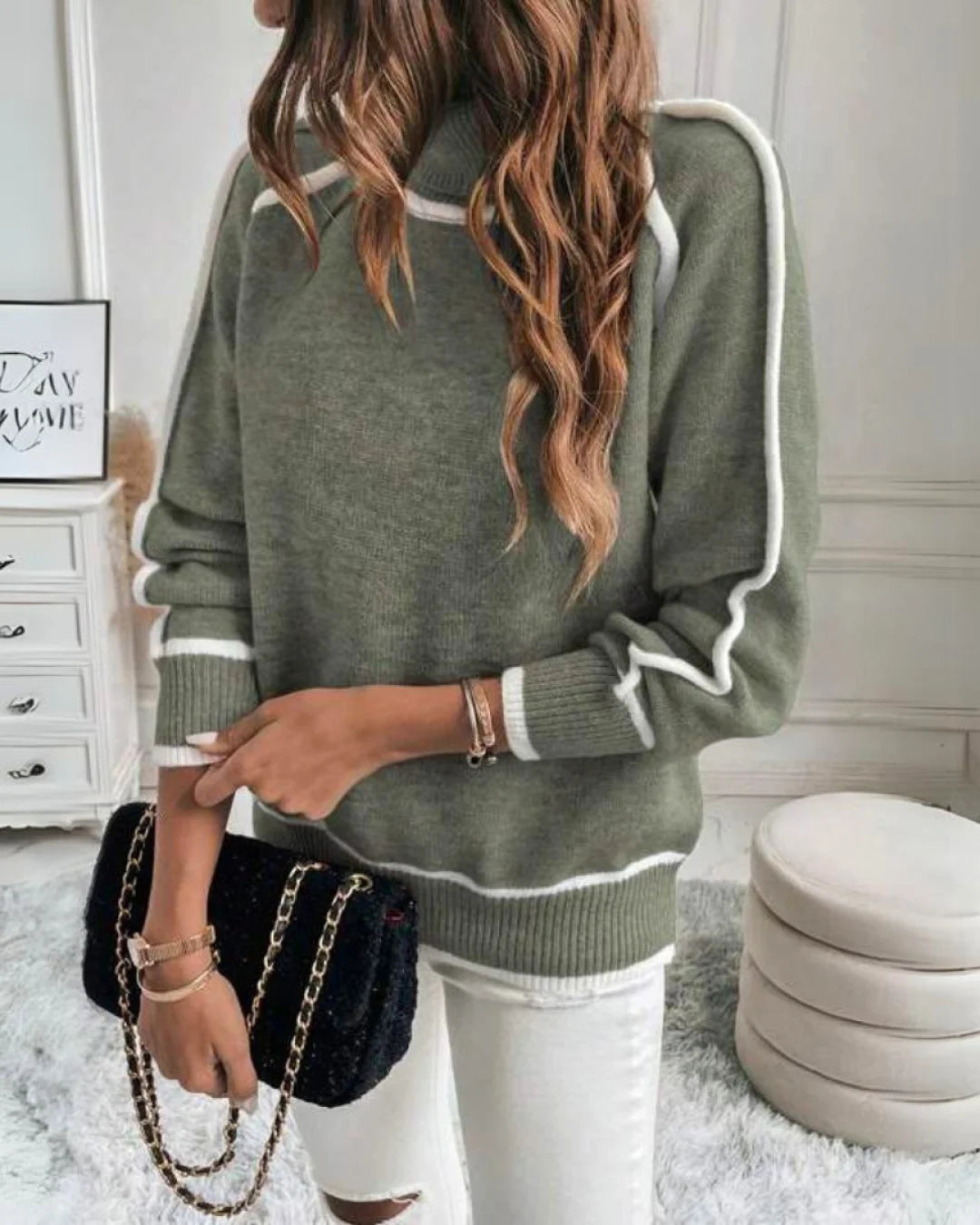 Dame Rullekrave Sweater - Afslappet Pasform - Lange Ærmer - Kontrastdetaljer Knitted Tops