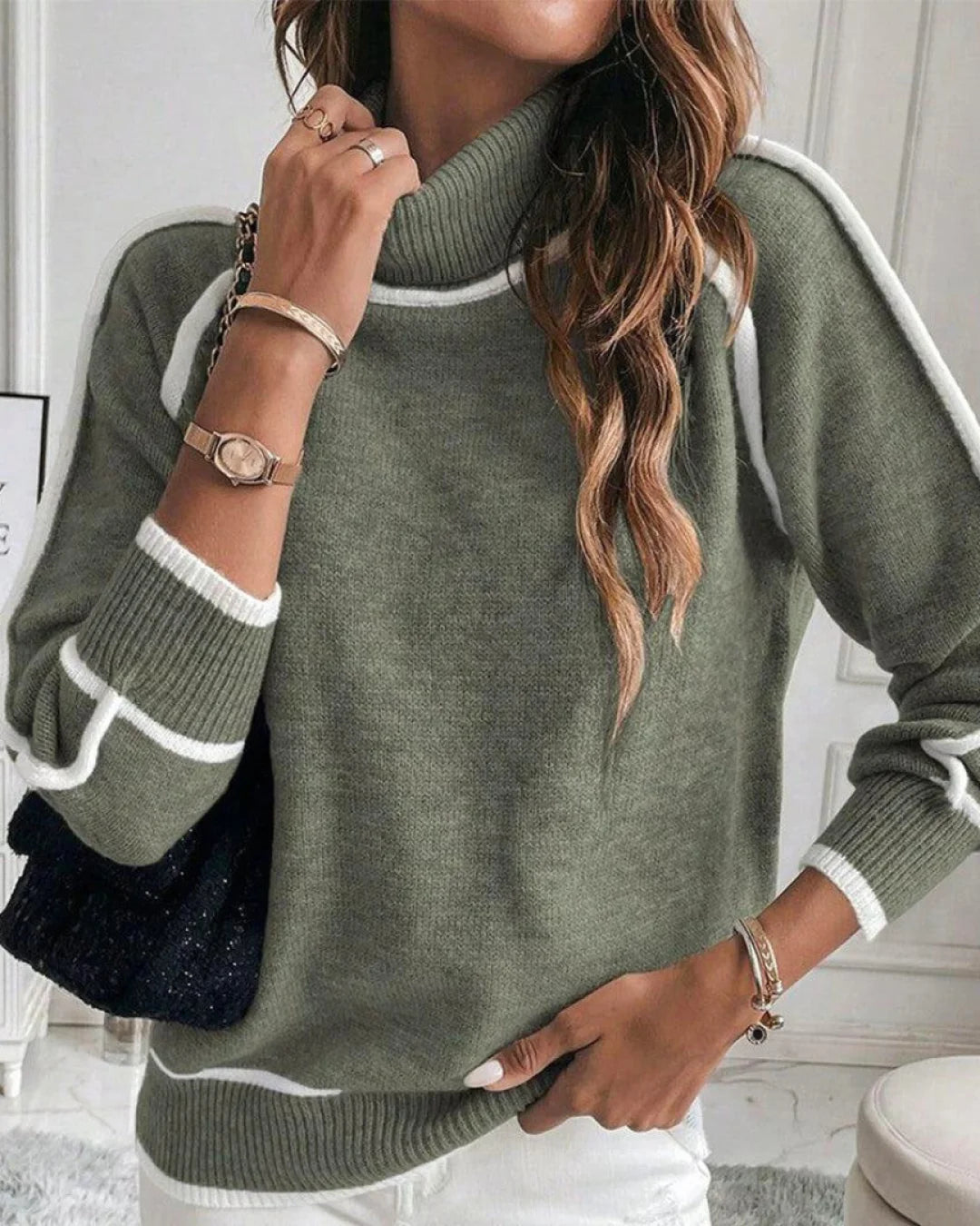 Dame Rullekrave Sweater - Afslappet Pasform - Lange Ærmer - Kontrastdetaljer S Knitted Tops
