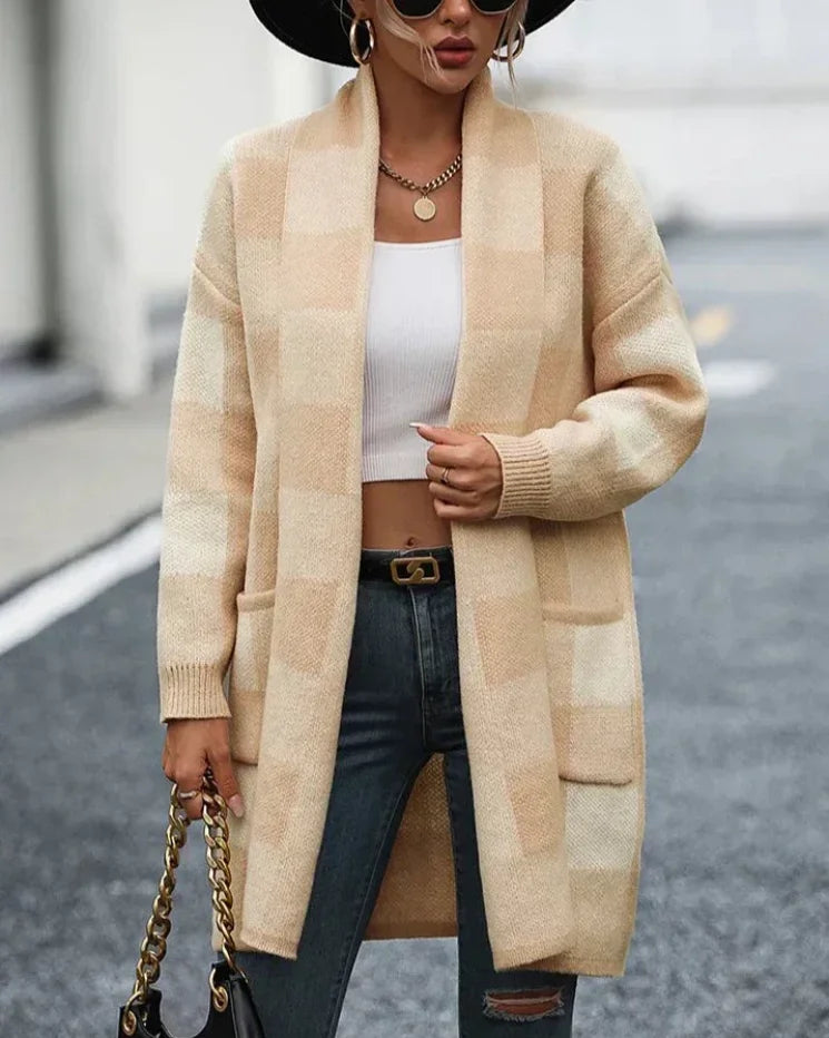 Jamila - Geruit Midi Vest Abrikoos / S Cardigan