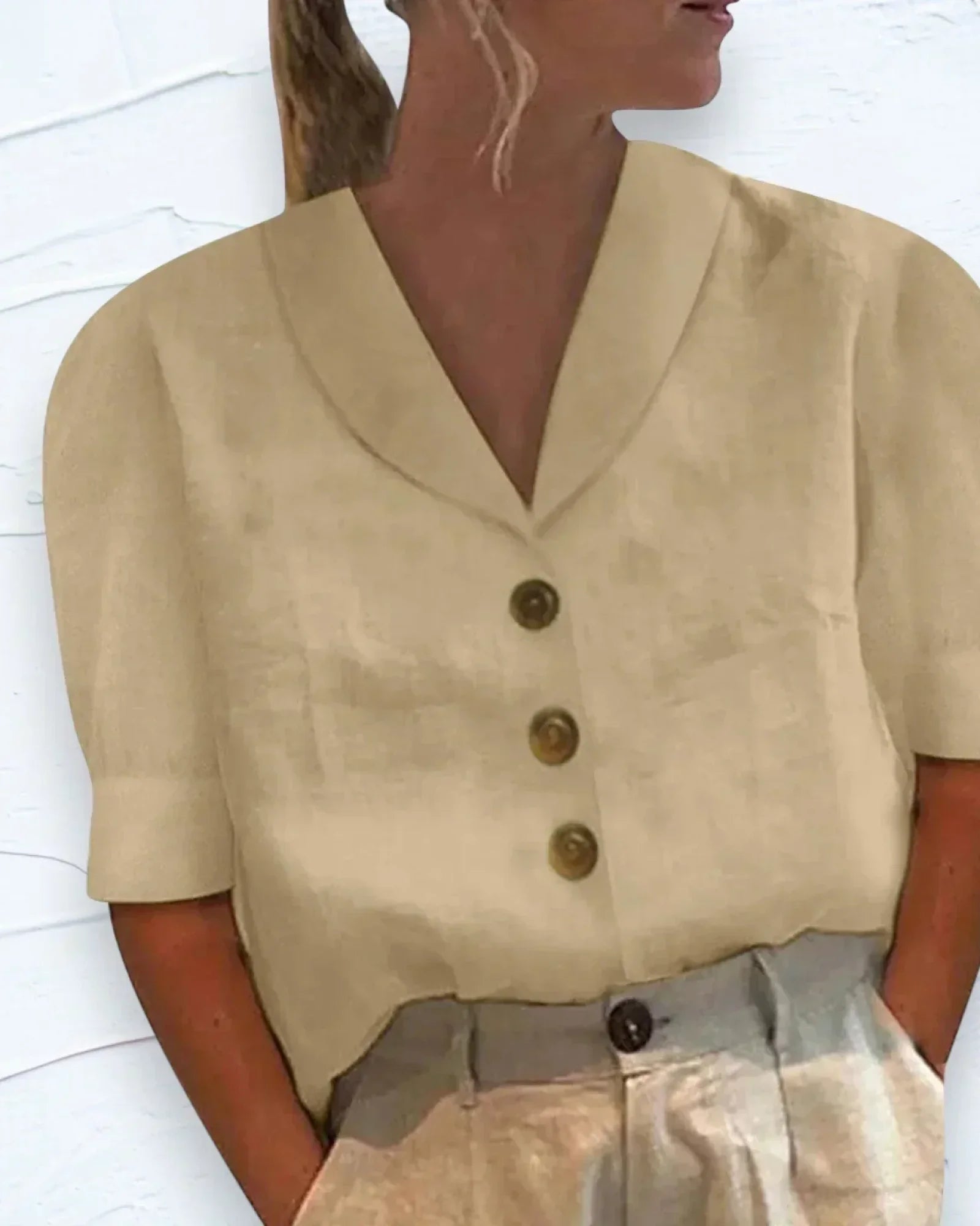 Kortærmet Bluse | Knaplukning | Tidløst Design Beige / S Tøj og tilbehør > Beklædning > Toppe > Bluser