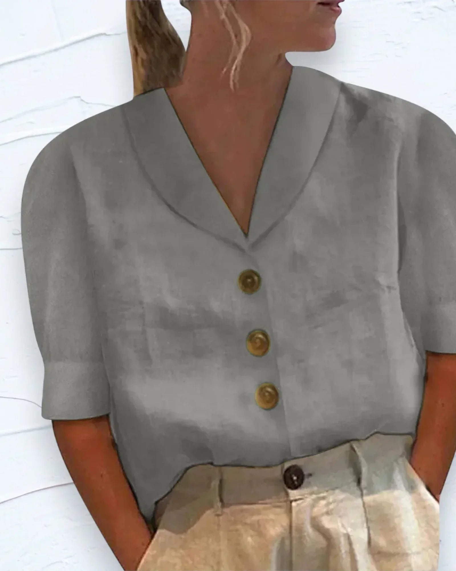 Kortærmet Bluse | Knaplukning | Tidløst Design Grå / S Tøj og tilbehør > Beklædning > Toppe > Bluser