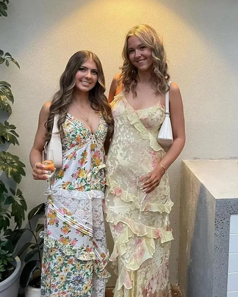 Kvinders Maxi Kjole - Spaghettistropper - Flowy Design - Rynket Lag-På-Lag Dress