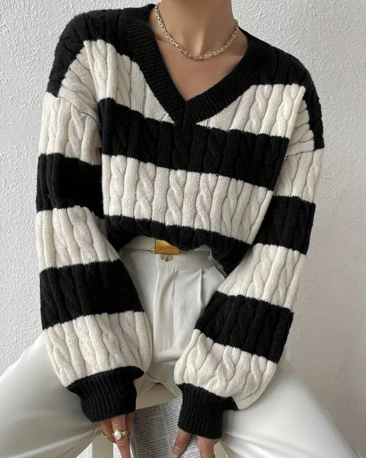 Lian - Gestreepte V-Hals Trui Wit/Zwart / S Sweater