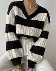 Lian - Gestreepte V-Hals Trui Wit/Zwart / S Sweater