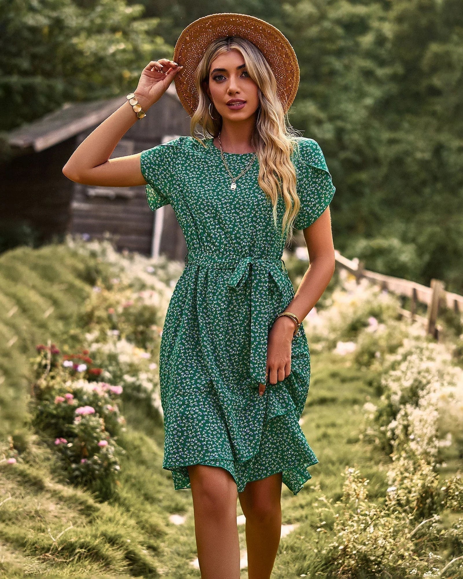 Linda - Midi-Jurk Met Tailleband S / Groen