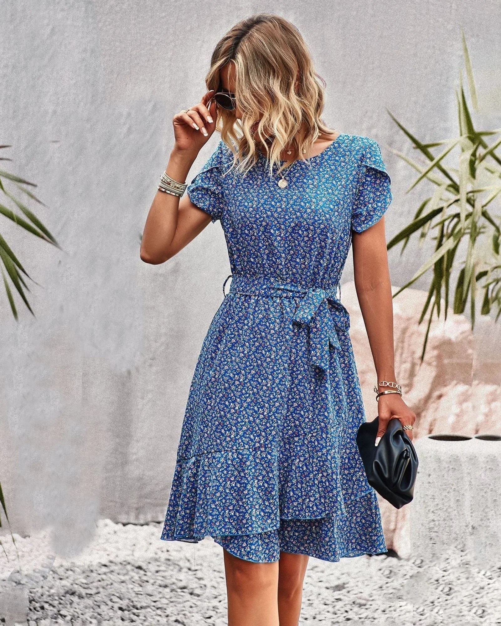 Linda - Midi-Jurk Met Tailleband S / Blå