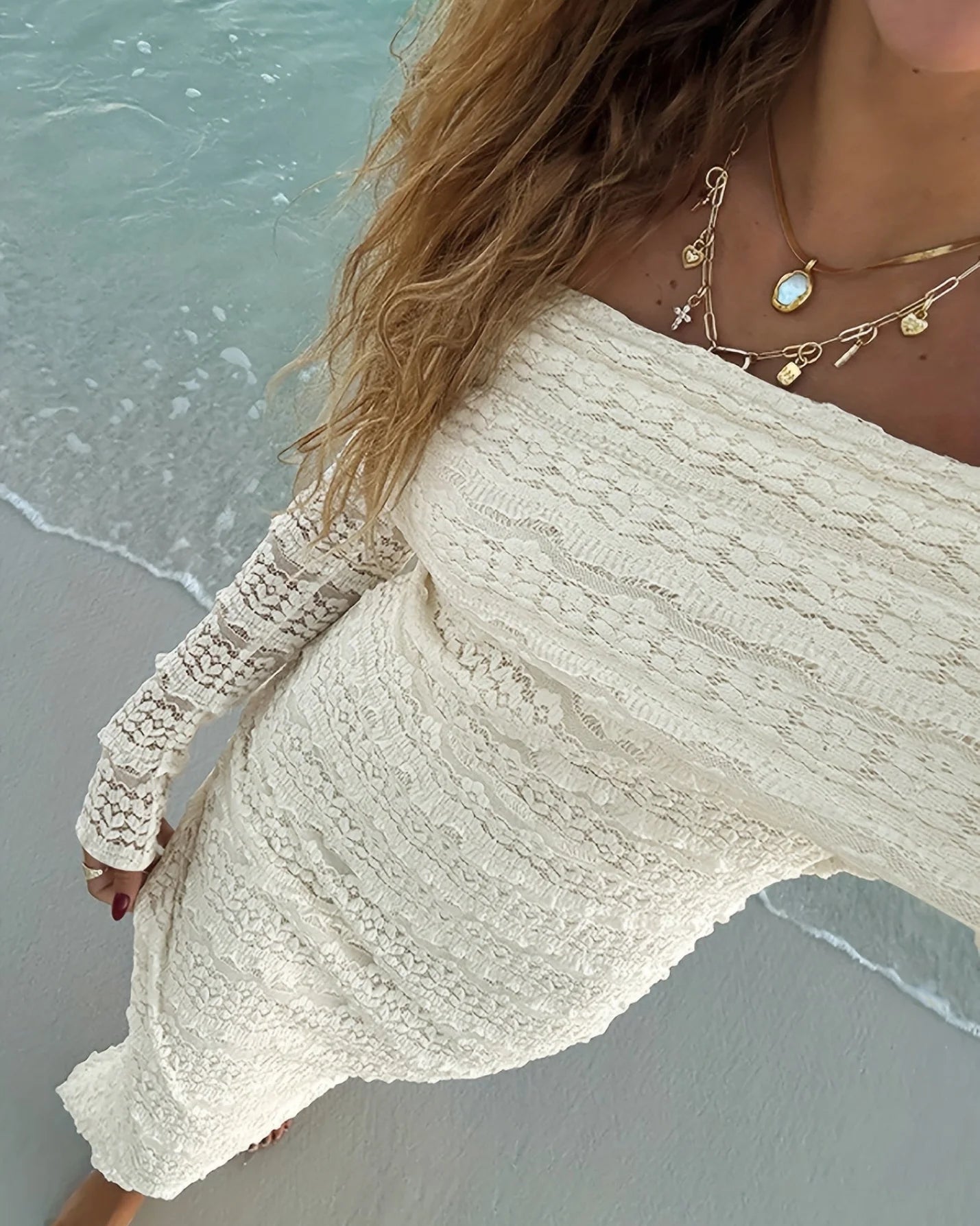 Maxi Kjole med Blonder | Off-Shoulder Design | Romantisk Stil Tøj og tilbehør > Beklædning > Kjoler > Sommerkjoler