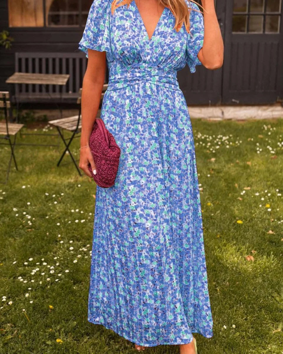 Maxikjole med Blomsterprint | Draperet Talje | Elegant og Sommerlig Blå / S Beklædning og tilbehør > Tøj > Kjoler