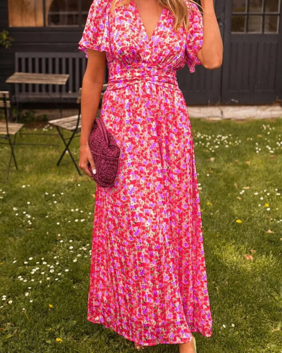 Maxikjole med Blomsterprint | Draperet Talje | Elegant og Sommerlig Lyserød / L Beklædning og tilbehør > Tøj > Kjoler