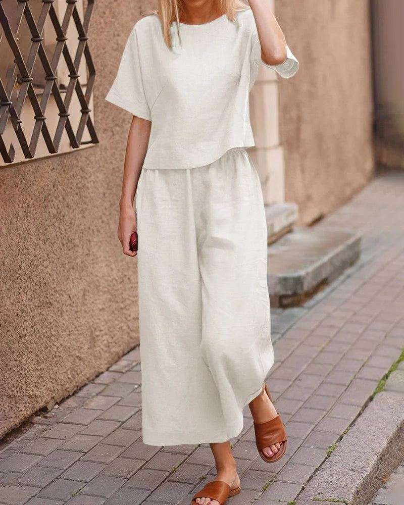 Sæt med Kortærmet Top | Vide Bukser | Afslappet & Åndbart Beige / M Tøj og Tilbehør > Beklædning > Sæt > Loungewear Sæt