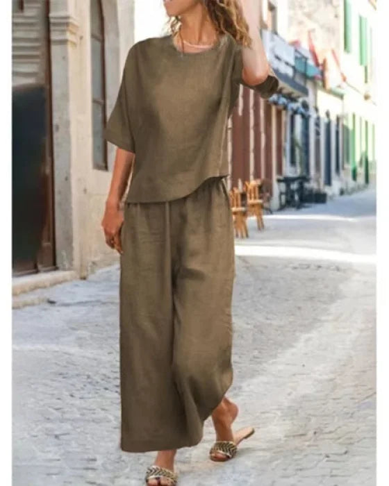 Sæt med Kortærmet Top | Vide Bukser | Afslappet & Åndbart Khaki / M Tøj og Tilbehør > Beklædning > Sæt > Loungewear Sæt