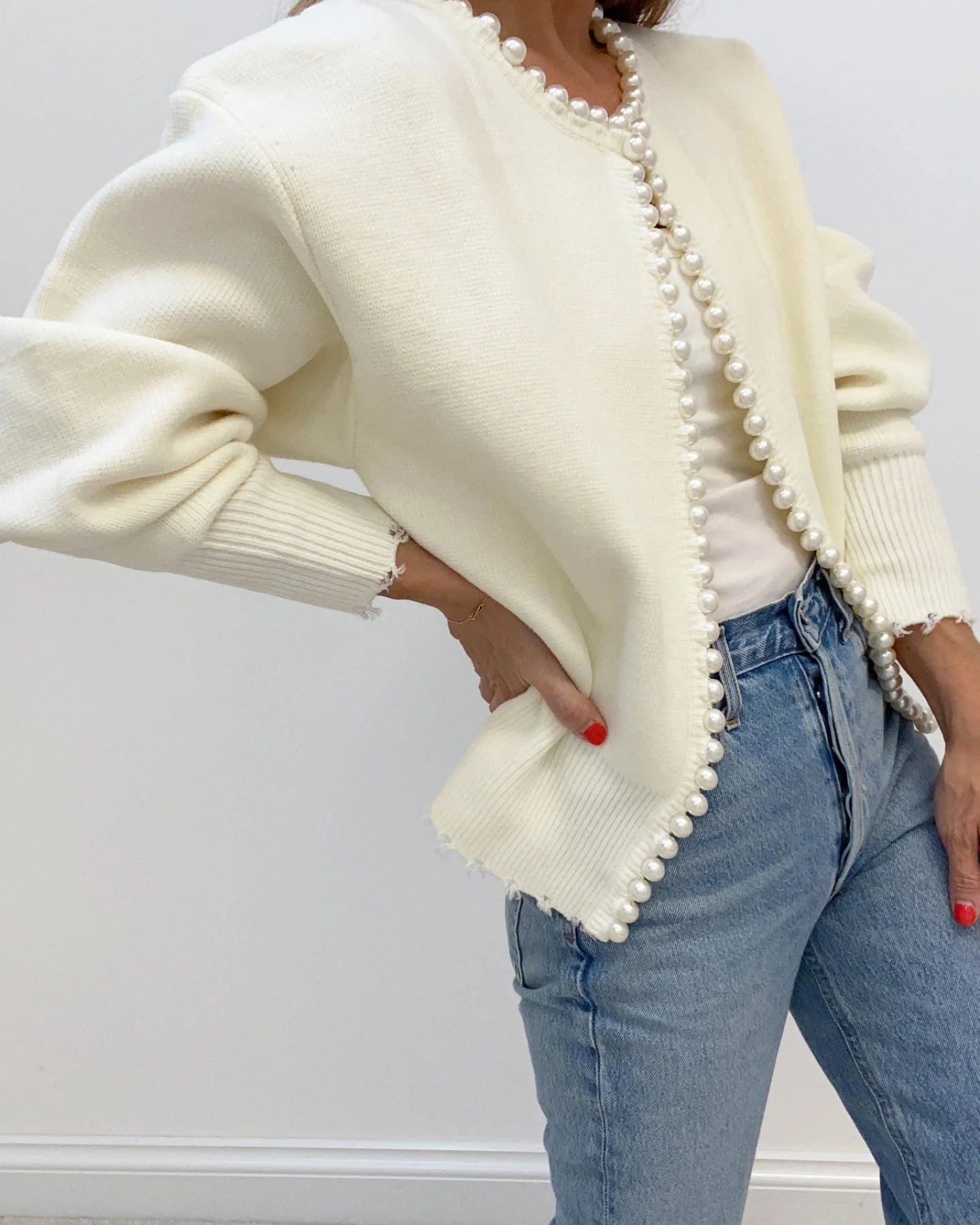 Cardigan Med Perledetaljer | Bomuldsblanding Elegant & Feminin Tøj Og Tilbehør > Beklædning