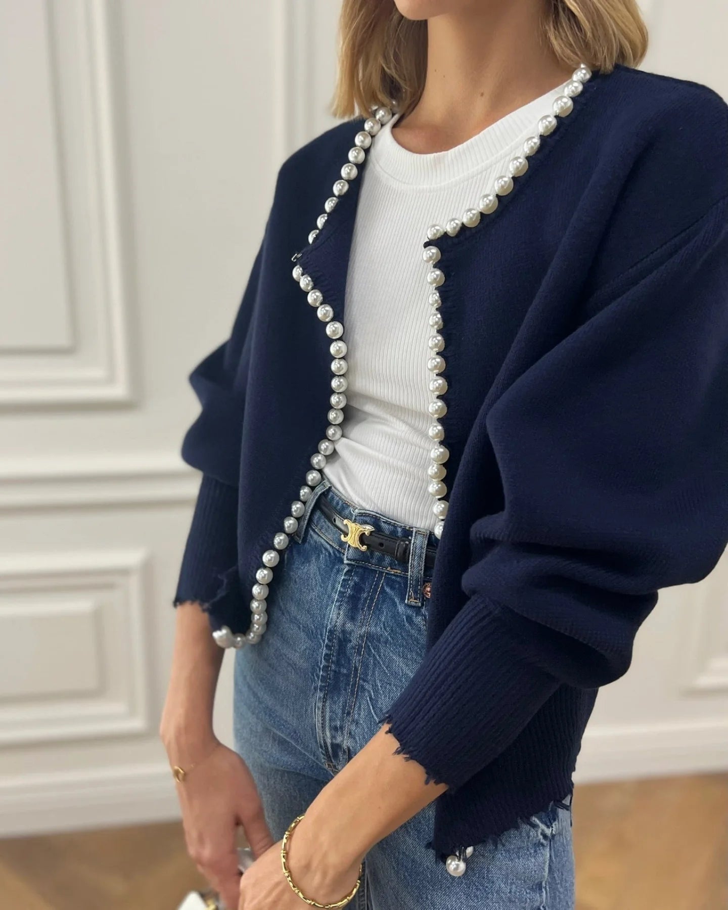 Cardigan Med Perledetaljer | Bomuldsblanding Elegant & Feminin Flåden / Xs Tøj Og Tilbehør >