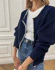 Cardigan Med Perledetaljer | Bomuldsblanding Elegant & Feminin Flåden / Xs Tøj Og Tilbehør >