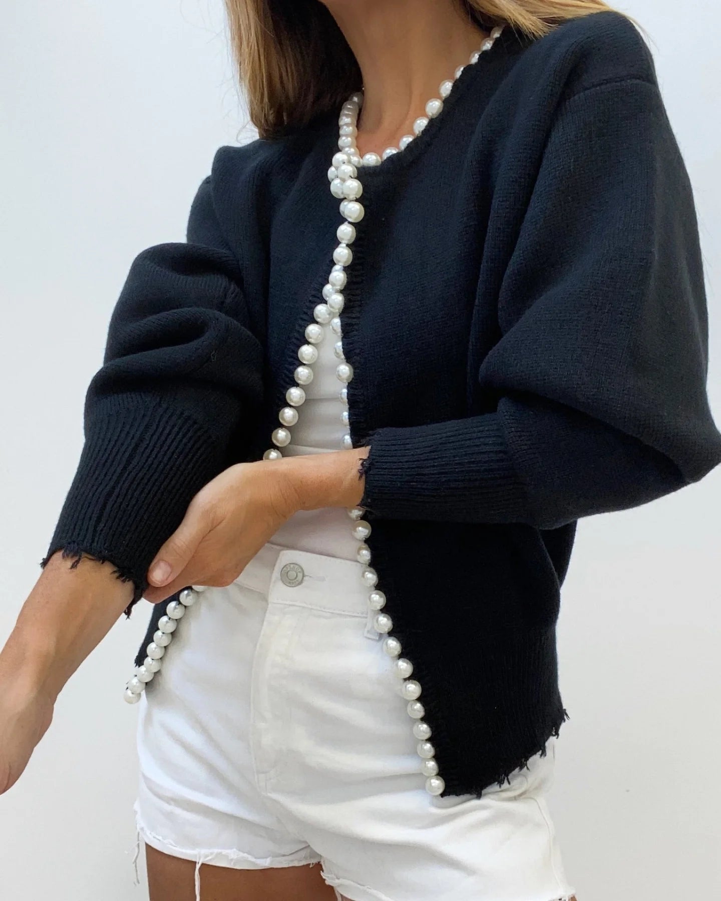 Cardigan Med Perledetaljer | Bomuldsblanding Elegant & Feminin Sort / Xs Tøj Og Tilbehør >