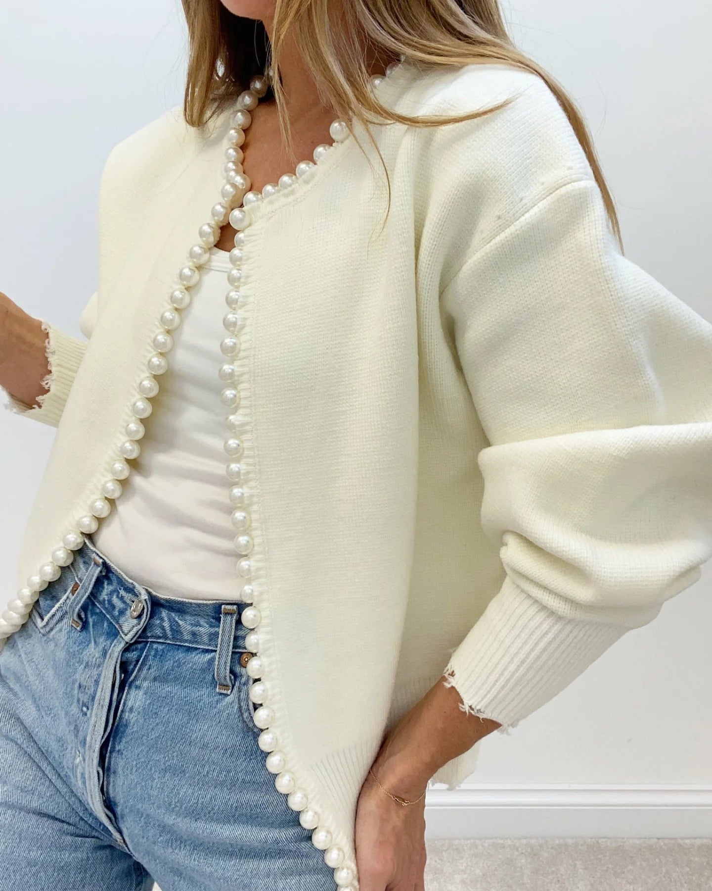 Cardigan Med Perledetaljer | Bomuldsblanding Elegant & Feminin Tøj Og Tilbehør > Beklædning