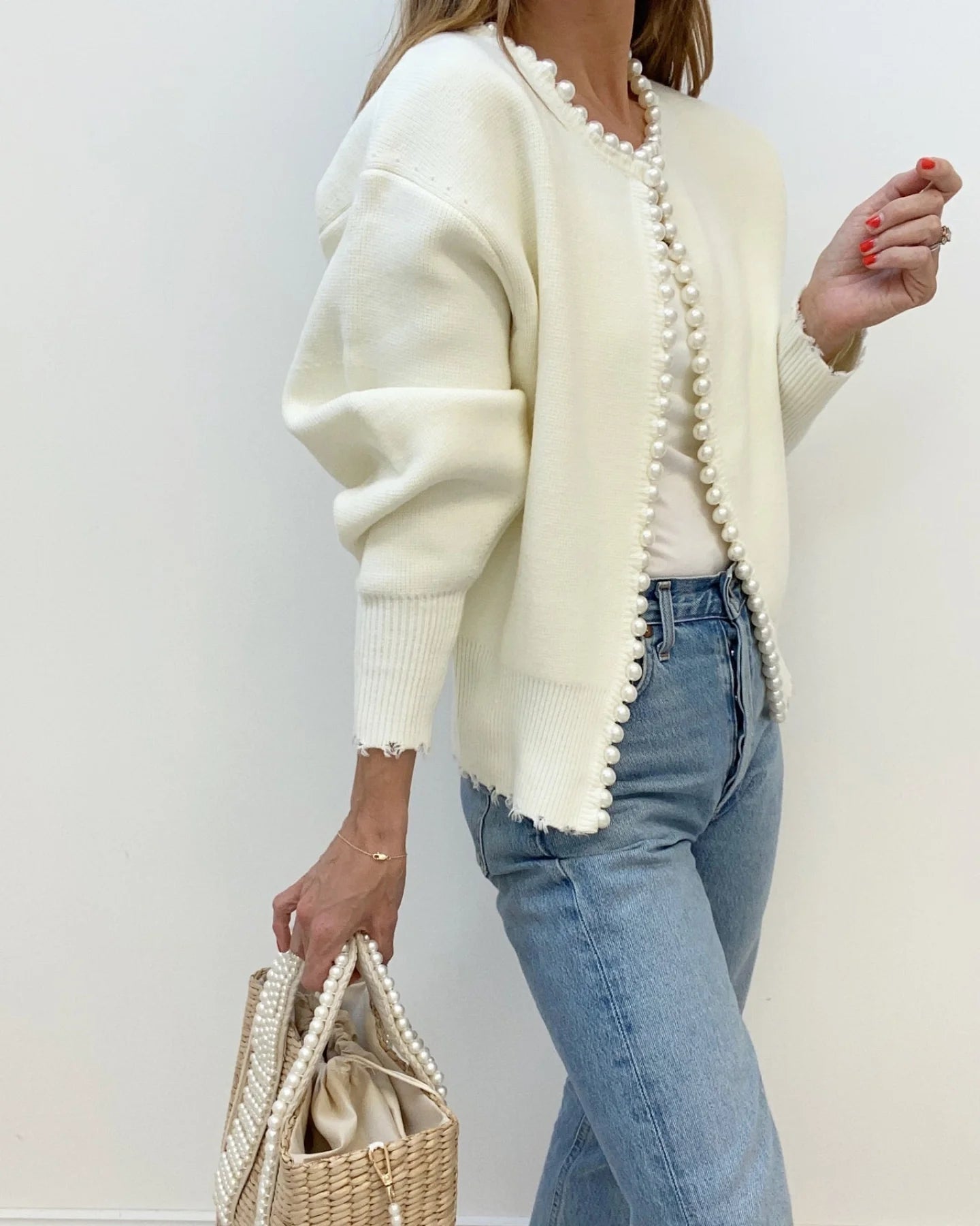 Cardigan Med Perledetaljer | Bomuldsblanding Elegant & Feminin Tøj Og Tilbehør > Beklædning