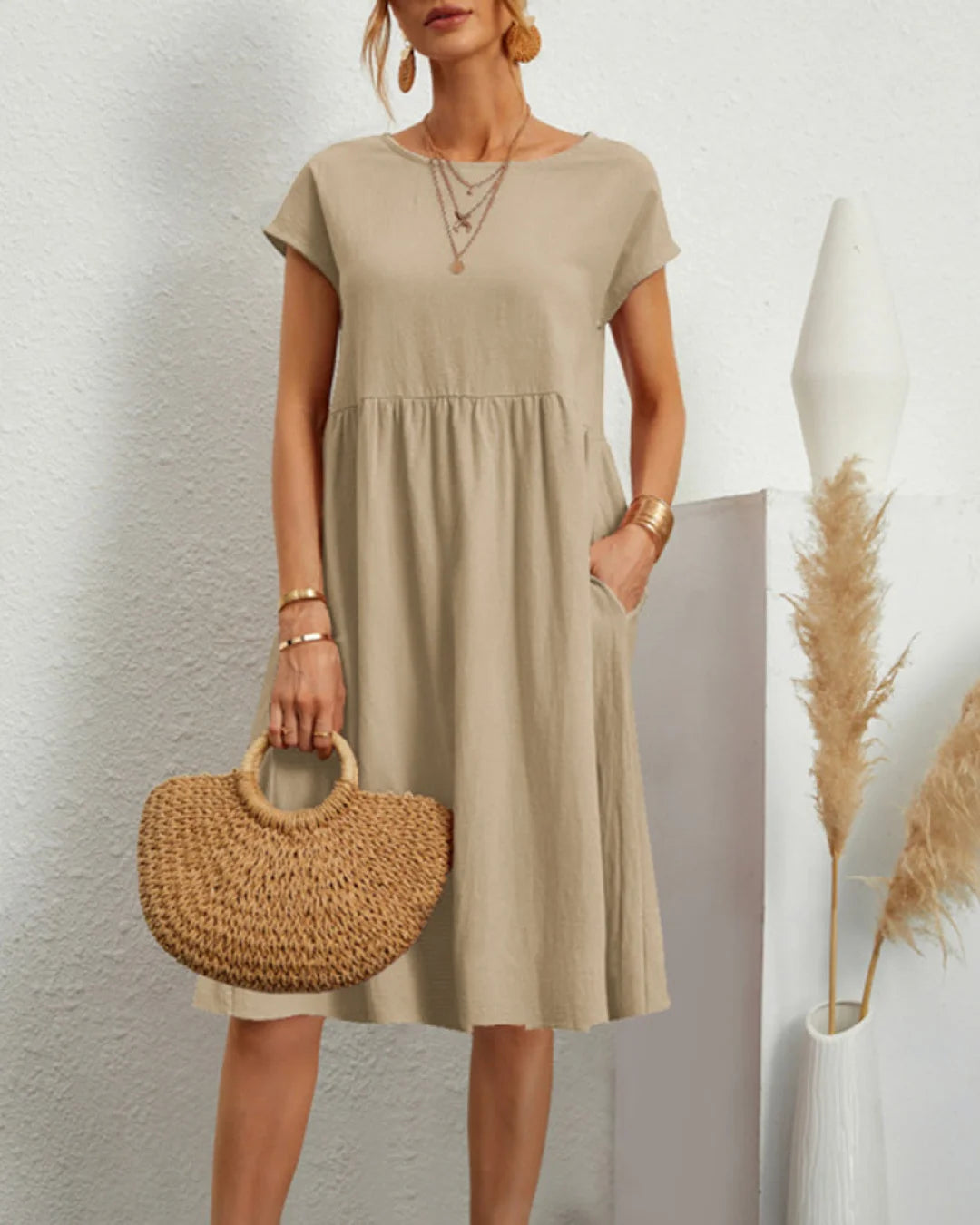 Sommer Casual Loose Dress | Åndbar bomuld | Hverdagsbrug Beige / S Tøj og Tilbehør > Beklædning > Kjoler > Casual Kjoler