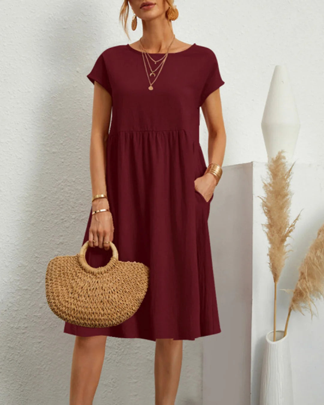 Sommer Casual Loose Dress | Åndbar bomuld | Hverdagsbrug Bourgogne rød / S Tøj og Tilbehør > Beklædning > Kjoler >