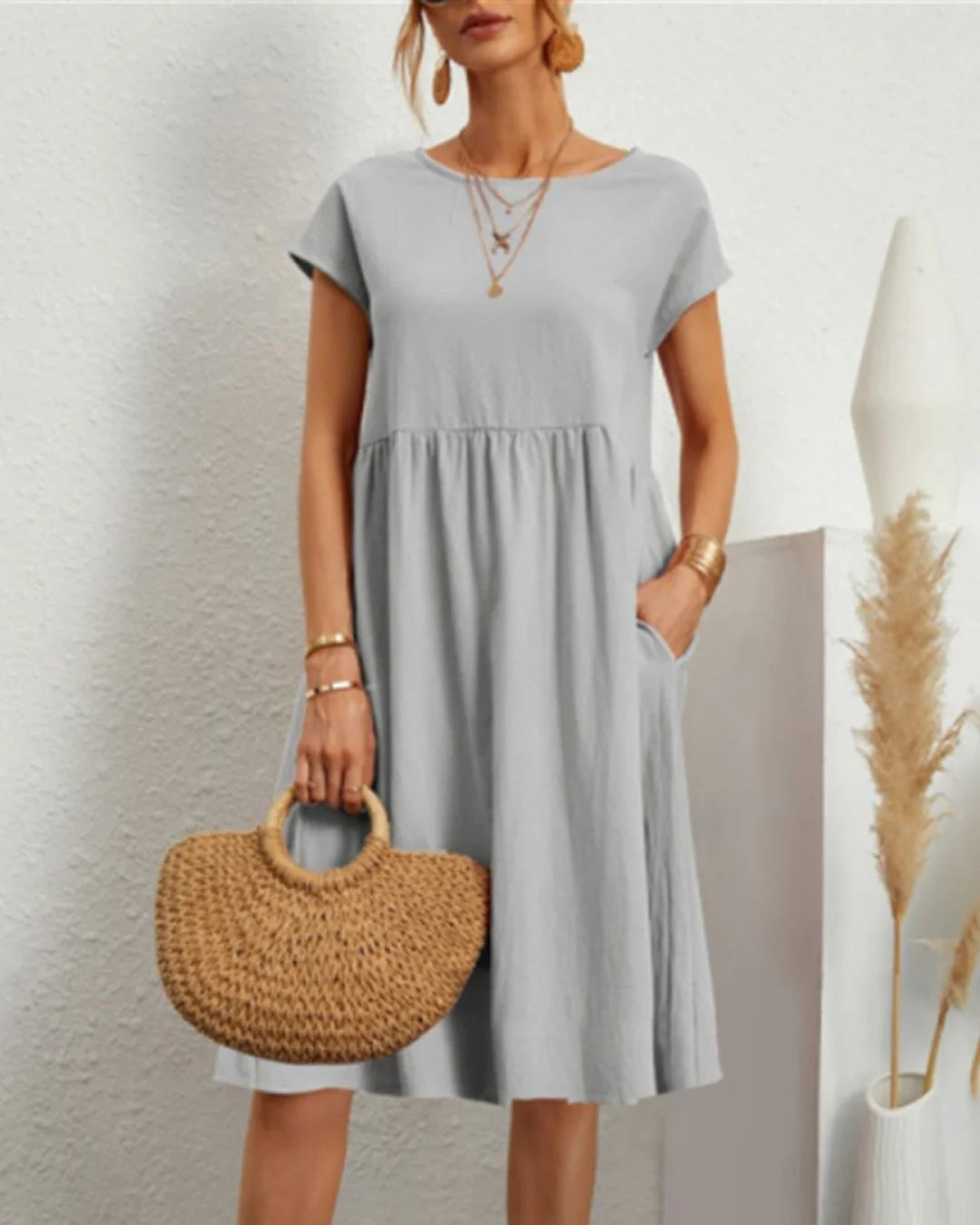 Sommer Casual Loose Dress | Åndbar bomuld | Hverdagsbrug Grå / S Tøj og Tilbehør > Beklædning > Kjoler > Casual Kjoler
