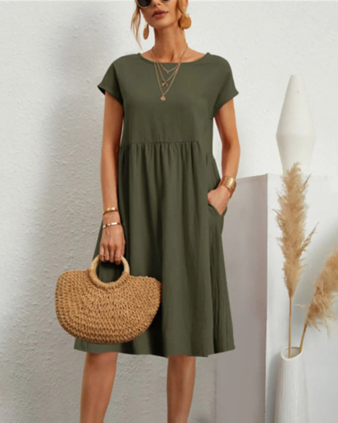 Sommer Casual Loose Dress | Åndbar bomuld | Hverdagsbrug Grøn / S Tøj og Tilbehør > Beklædning > Kjoler > Casual Kjoler