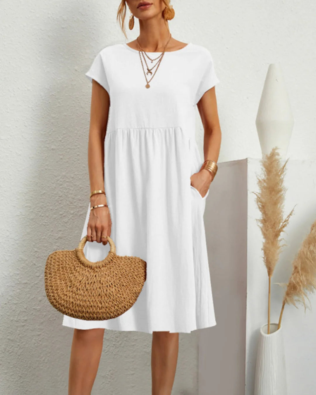 Sommer Casual Loose Dress | Åndbar bomuld | Hverdagsbrug Hvid / S Tøj og Tilbehør > Beklædning > Kjoler > Casual Kjoler