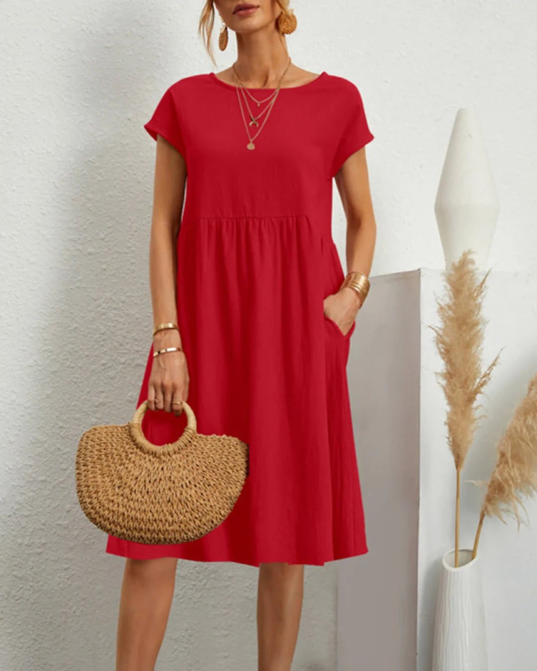Sommer Casual Loose Dress | Åndbar bomuld | Hverdagsbrug Rød / S Tøj og Tilbehør > Beklædning > Kjoler > Casual Kjoler
