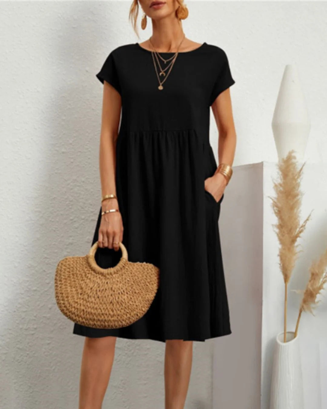 Sommer Casual Loose Dress | Åndbar bomuld | Hverdagsbrug Sort / S Tøj og Tilbehør > Beklædning > Kjoler > Casual Kjoler