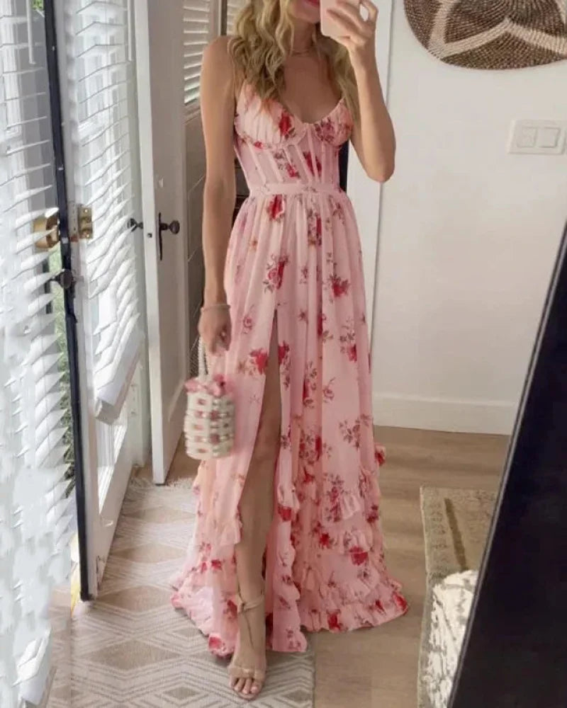 Sommer Maxi Kjole med Slids | Let Chiffon | Blomsteret & Feminint Lyserød / S Tøj og tilbehør > Beklædning > Kjoler >